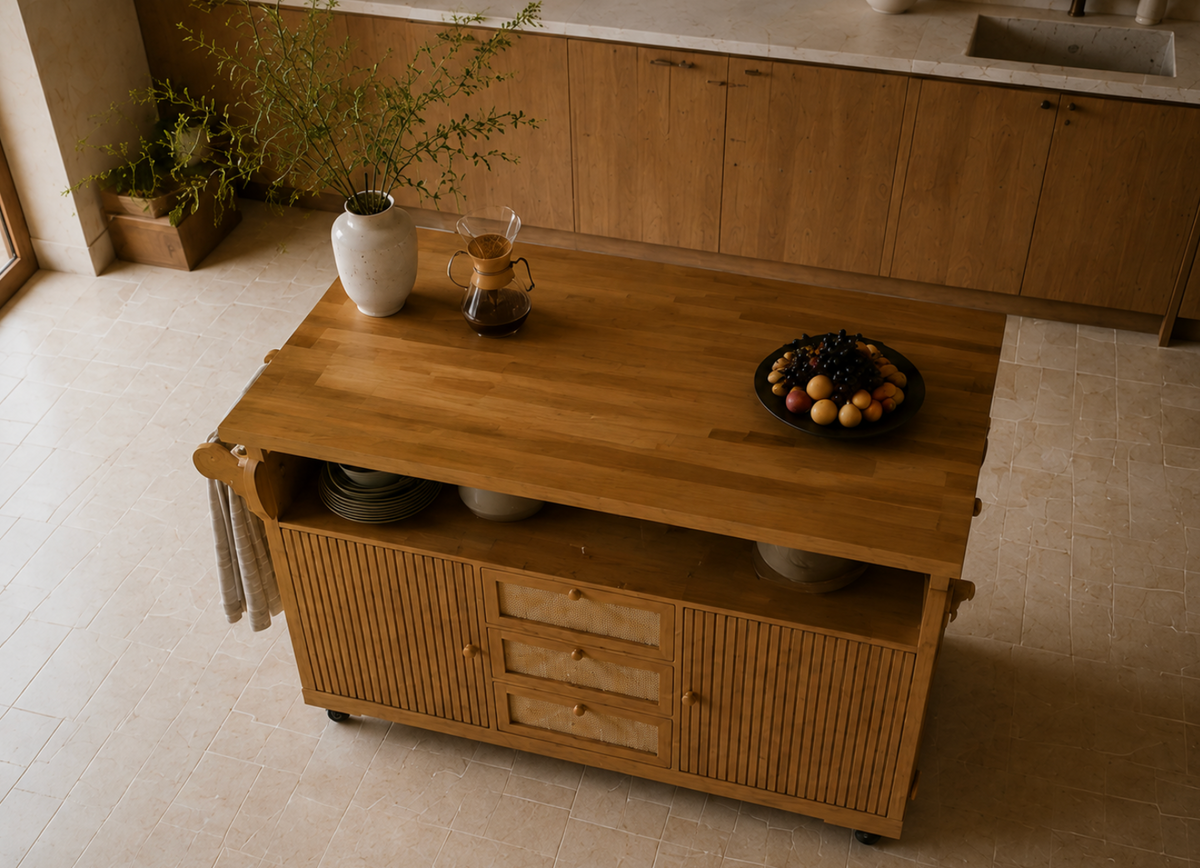 Îlot central de cuisine Essence et Design Léon en bois de chêne naturel avec tiroirs, rangements et détails cannage