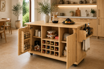 Îlot central de cuisine Essence et Design Louis en bois de chêne clair avec rangements, étagères et casier à vin
